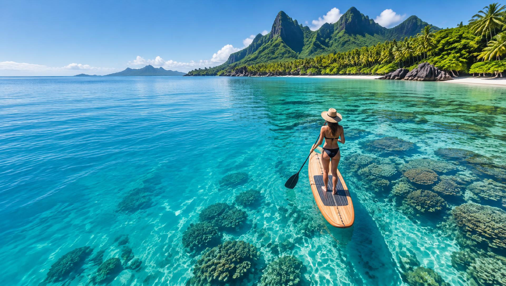 Traveler paddleboarding over a clear turquoise lagoon beside a green tropical island