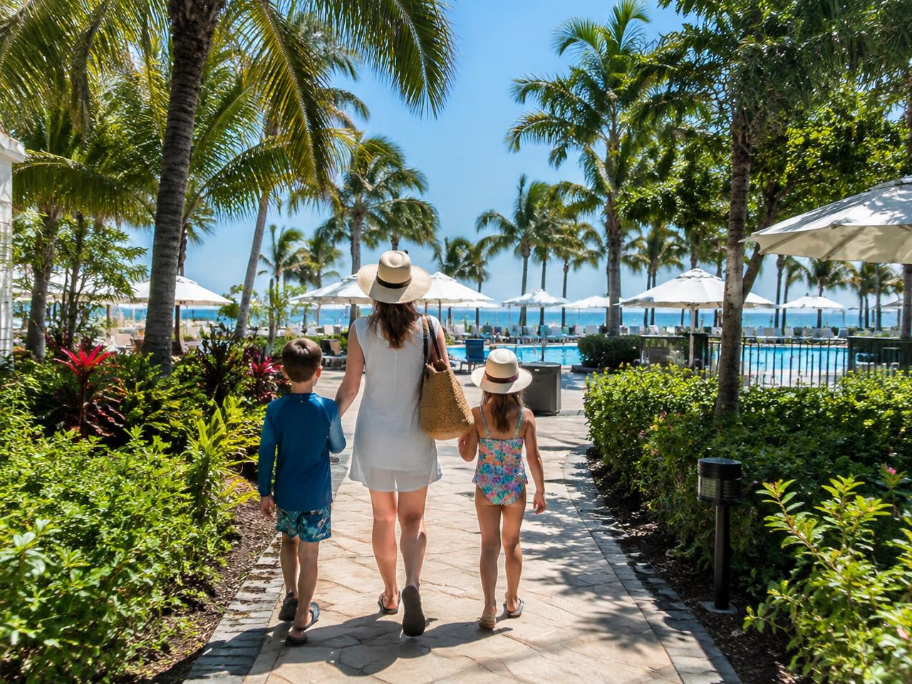 Family walking along a sunny palm-lined resort path
