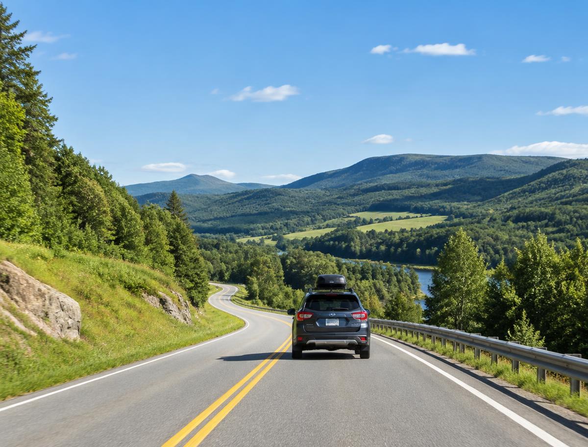 Car driving a winding highway through green hills and forest on a sunny day